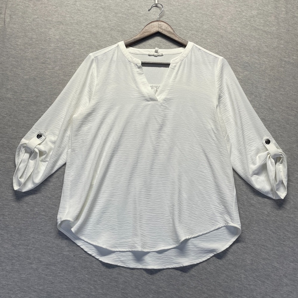 Maurices Tunic Blouse Top Womens Medium White Texture Roll Tab Sleeve Split Neck